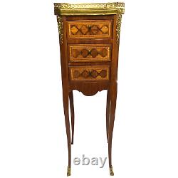 1 French Louis XVI Style Marble Top Gallery Satinwood Marquetry Bed Side Table