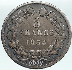 1834 FRANCE King Louis Philippe I French Antique OLD Silver 5 Francs Coin i87499