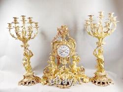 1840 French Louis XV Antique Clock Set of Bronze With Original Gold Leaf Finish