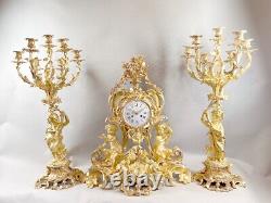 1840's French Louis XV Antique Clock Set of Bronze With Original Gold Leaf