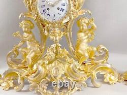 1840's French Louis XV Antique Clock Set of Bronze With Original Gold Leaf