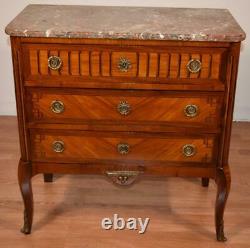 1880 Antique French Louis XV Walnut & Satinwood inlay Marble top Commode dresser