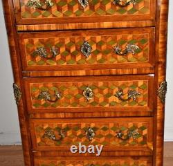 1880s Antique French Louis XVI Walnut marquetry inlay lingerie chest of drawers