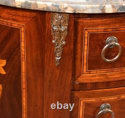 1880s French Louis XV walnut & Satinwood inlay marble top commode / nightstand