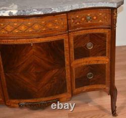 1890 Antique French Louis XV Walnut & Satinwood Marble Dresser chest of drawers
