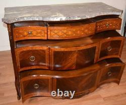 1890 Antique French Louis XV Walnut & Satinwood Marble Dresser chest of drawers