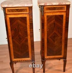 1890s Antique French Louis XVI Walnut & Satinwood Marble top Pair lingerie stand
