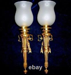 1890s Pair of French Louis XVI Style Gold Gilt Bronze Torch Bracket Wall Sconces