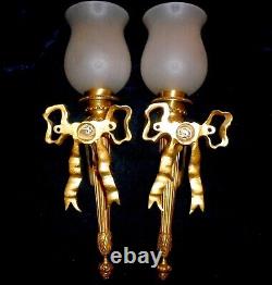1890s Pair of French Louis XVI Style Gold Gilt Bronze Torch Bracket Wall Sconces