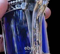 18th C Antique French Sterling Silver & Bleu Glass Mustard Pot, Louis XVI Period