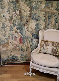 18th Century French Aubusson Verdure Tapestry Romantic Pastoral Scene Louis XIII