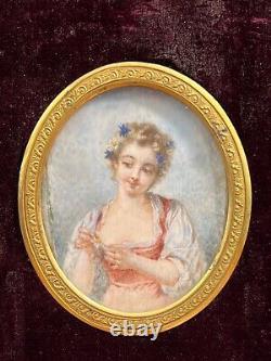 18th Century French Louis XVI Style Miniature Portrait Painting in velvet frame