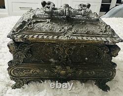 19 Century French Louis XV Brass Plated Bombe Jewelry Box With Repousse Decor