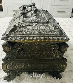 19 Century French Louis XV Brass Plated Bombe Jewelry Box With Repousse Decor