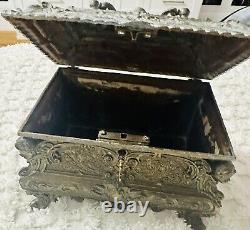 19 Century French Louis XV Brass Plated Bombe Jewelry Box With Repousse Decor