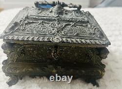 19 Century French Louis XV Brass Plated Bombe Jewelry Box With Repousse Decor