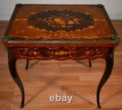 1900 Antique French Louis XV Walnut & Satinwood Inlaid Flip top Game Table