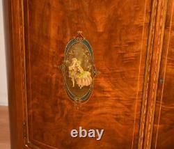 1900 Antique French Louis XVI Burl Walnut hand painted & inlaid Marble Dresser