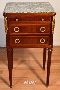 1900 Antique French Louis XVI Walnut & Marble Top Nightstand / Bedside Table