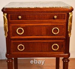 1900 Antique French Louis XVI Walnut & Marble Top Nightstand / Bedside Table