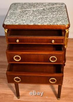 1900 Antique French Louis XVI Walnut & Marble Top Nightstand / Bedside Table