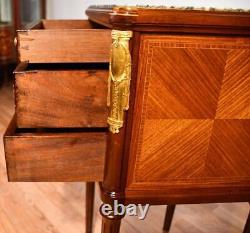 1900 Antique French Louis XVI Walnut & Marble Top Nightstand / Bedside Table