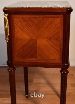 1900 Antique French Louis XVI Walnut & Marble Top Nightstand / Bedside Table