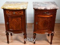 1900 Antique French Louis XVI Walnut & Satinwood Marble top Pair of Nightstands