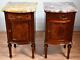 1900 Antique French Louis Xvi Walnut & Satinwood Marble Top Pair Of Nightstands