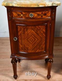 1900 Antique French Louis XVI Walnut & Satinwood Marble top Pair of Nightstands