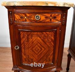 1900 Antique French Louis XVI Walnut & Satinwood Marble top Pair of Nightstands