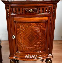 1900 Antique French Louis XVI Walnut & Satinwood Marble top Pair of Nightstands