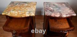 1900 Antique French Louis XVI Walnut & Satinwood Marble top Pair of Nightstands