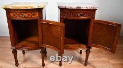 1900 Antique French Louis XVI Walnut & Satinwood Marble top Pair of Nightstands