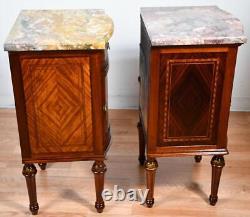 1900 Antique French Louis XVI Walnut & Satinwood Marble top Pair of Nightstands