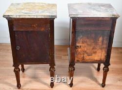 1900 Antique French Louis XVI Walnut & Satinwood Marble top Pair of Nightstands