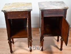 1900 Antique French Louis XVI Walnut & Satinwood Marble top Pair of Nightstands