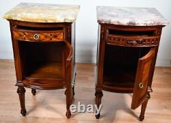 1900 Antique French Louis XVI Walnut & Satinwood Marble top Pair of Nightstands