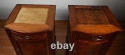 1900 Antique French Louis XVI Walnut & Satinwood Marble top Pair of Nightstands