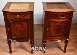 1900 Antique French Louis XVI Walnut & Satinwood Marble top Pair of Nightstands