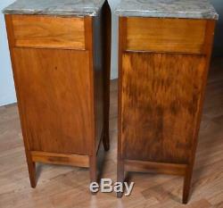 1900 Antique French Louis XVI Walnut satinwood marble Nightstands bedside tables