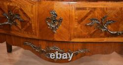 1900 French Louis XV Walnut marquetry inlay marble top chest of drawers dresser