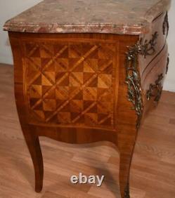 1900 French Louis XV Walnut marquetry inlay marble top chest of drawers dresser