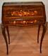 1900s Antique French Louis Xv Walnut & Floral Inlay Secretary Small Ladies Desk