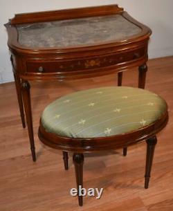 1900s Antique French Louis XVI Walnut inlaid Marble top Ladies Desk & stool