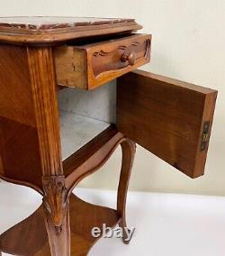 1900s Antique French Walnut Louis XV Marquetry Marble Top Bed / Side Table