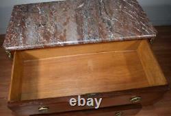 1910 Antique French Louis XV Walnut & Satinwood inlay Marble top small Commode