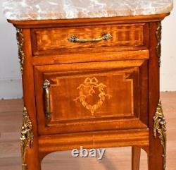 1910 Antique French Louis XV Walnut inlaid Marble top Nightstands Bedside tables