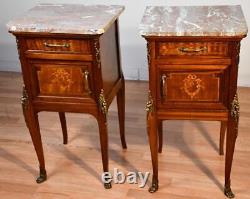 1910 Antique French Louis XV Walnut inlaid Marble top Nightstands Bedside tables