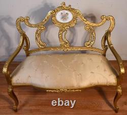 1910s Antique French Louis XV Fruitwood Gold Gilded Loveseat / New Upholstery